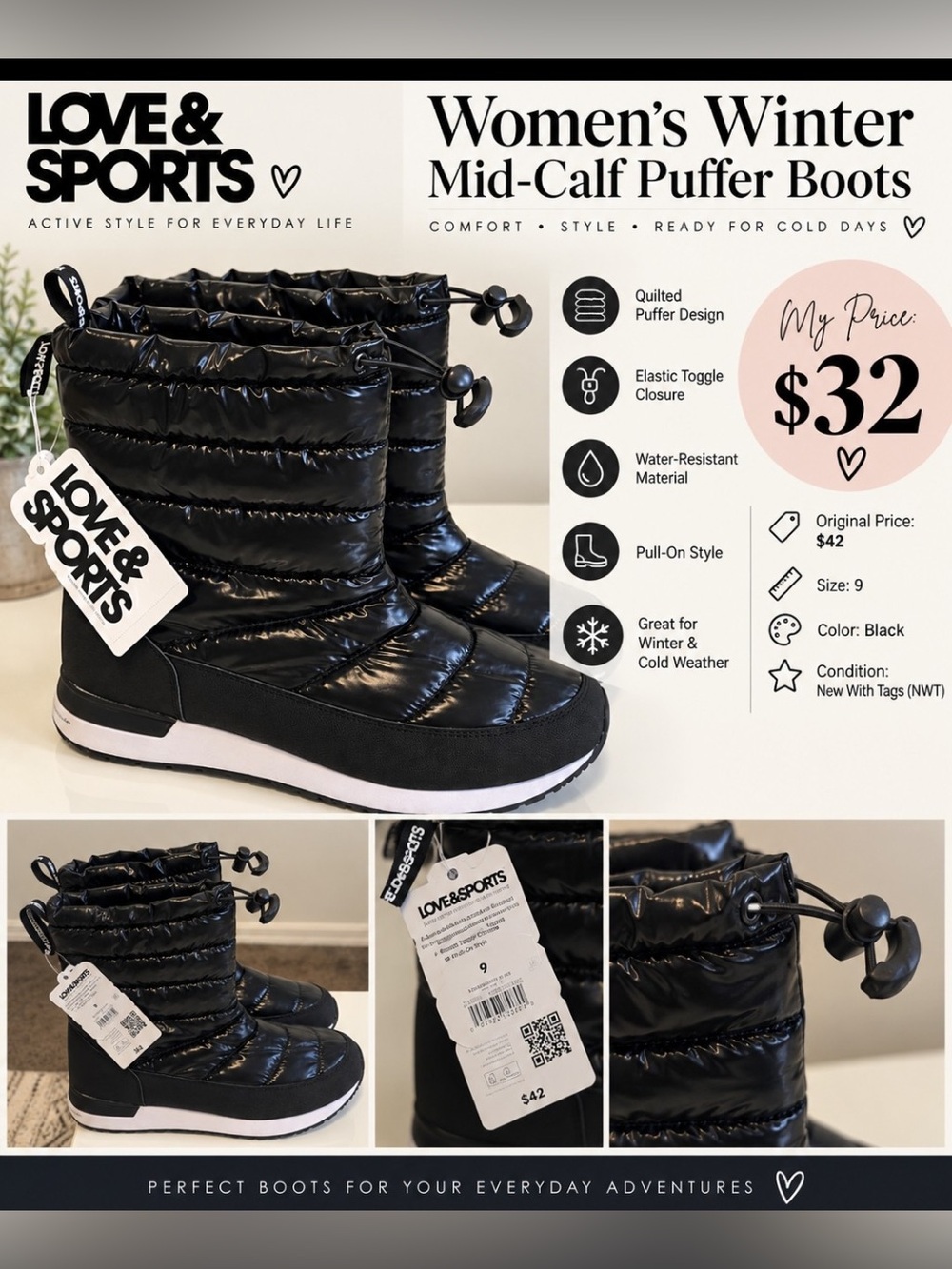 Love & Sports Kids' Black Mid-Calf Puffer Boots